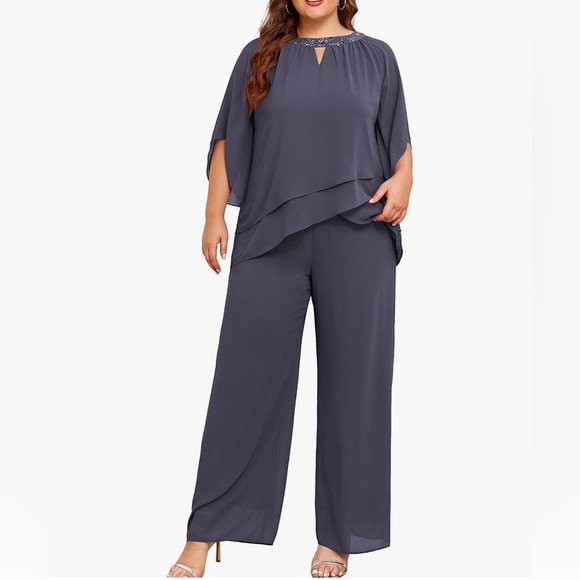 Hanna Nikole Mother of Bride 2 piece Chiffon Pant Suits Plus Size Half Sleeve - Picture 2 of 10